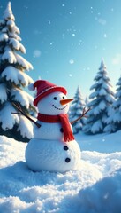 Fototapeta premium Snowman in winter landscape with snow-covered trees and a blue sky, winter, cold