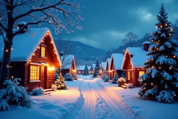 Snowy village scene with Christmas lights and festive decorations, holiday cheer, snowy landscape, winter village