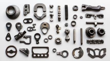 Fototapeta premium Flat lay of various metal parts, components, and pieces on white background.