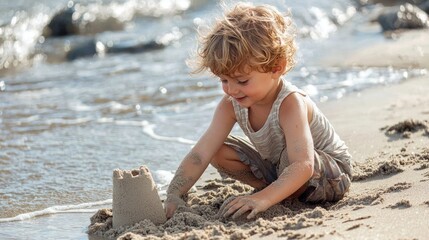 A joyful child building a sandcastle at the beach on a summer day