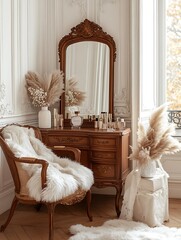 Antique vanity room with beige decor.