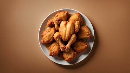 Fototapeta premium A plate crispy, golden-brown fried chicken wings, glistening oil, sits a brown background.