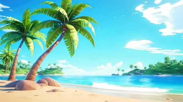 A vibrant, animated tropical beach scene with palm trees and clear skies, captured from a low-angle perspective, ideal for a relaxing video backdrop. Live desktop wallpaper.