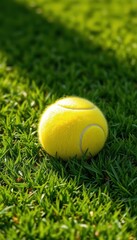 Fuzzy yellow tennis ball sits on lush green grass court, field, photography