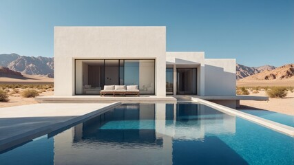 Fototapeta premium Modern desert oasis, architectural tranquility with pool reflection and mountain panorama