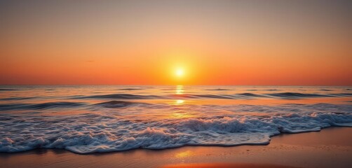 Obraz premium Golden sunset over tranquil beach, waves lapping shore, relaxation, vacation