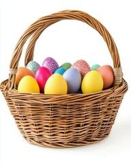 Naklejka premium Colorful Easter Eggs in a Traditional Woven Basket Displayed on a Clean Background Perfect for Spring Holiday Celebration or Seasonal Decorations