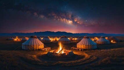 Nighttime serenity: A yurt camp under the starlit sky with a bonfire glow