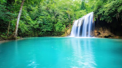 A serene waterfall cascades into a turquoise pool, surrounded by lush greenery, creating a tranquil natural oasis.