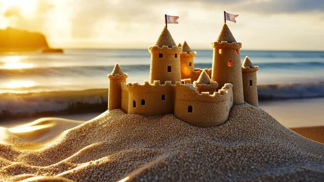 Stunning Moment of an Intricate Sandcastle on a Beach at Sunset with Gentle Waves and Warm Light Creating a Perfect Summer Scene