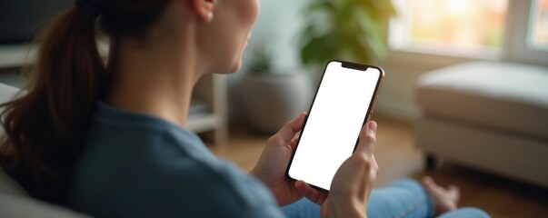 Woman sitting in a room with a blank screen on her phone, isolated background, solo, woman, isolation