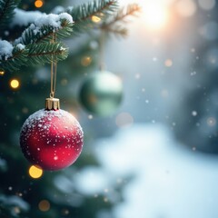 Winter festive scene with hanging ball decoration, hanging balls, Christmas decorations