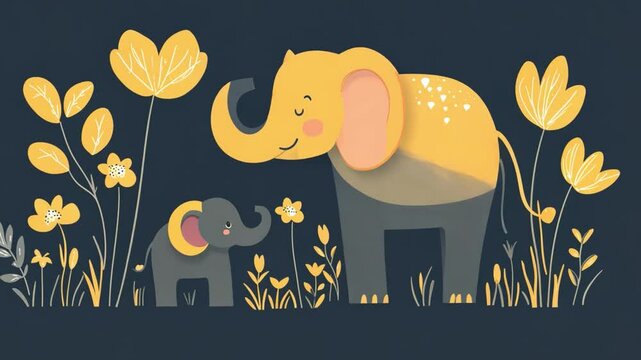 Charming illustration of a happy elephant family surrounded by vibrant flowers in a whimsical, colorful style perfect for children's decor