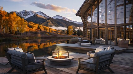 A luxurious lo  cabin with large glass windows