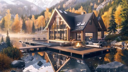 A luxurious lo  cabin with large glass windows