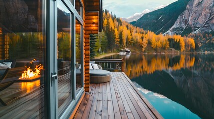 A luxurious lo  cabin with large glass windows