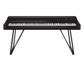 Silhouette piano keys isolated on white. Minimalist digital piano illustration with pedals.