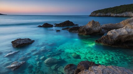 Turquoise waters lap rocky outcrops under a serene twilight sky landscape