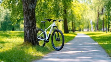 Fototapeta premium White electric mountain bike leaning against a tree in a park