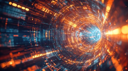 Obraz premium Abstract digital tunnel with glowing particles and light trails.