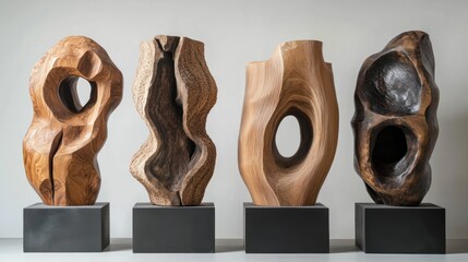 Four abstract wood sculptures on black bases, displayed against a neutral background.
