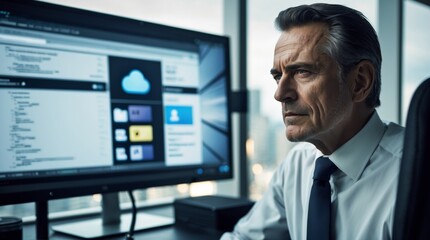 Fototapeta premium Mature professional intensely focused on cloud-based data solutions at the office