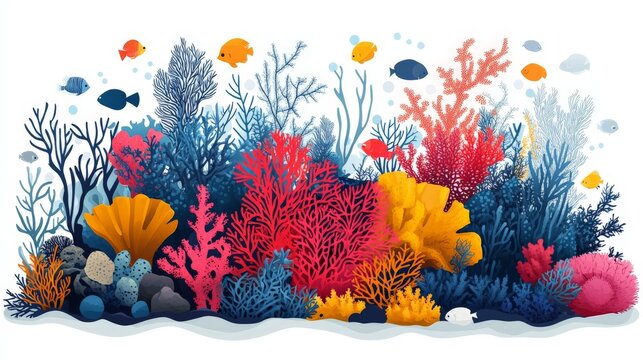 A flat vector coral reef, bright colors and clean shapes, minimalist background
