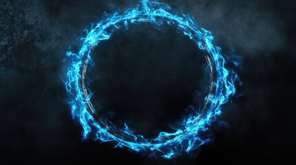 A glowing blue circular portal surrounded by mystical flames against a dark, textured background, evoking a sense of magic