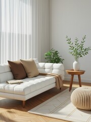 Fototapeta premium Home interior design of living room interior with white sofa, wall mockup, empty space in house