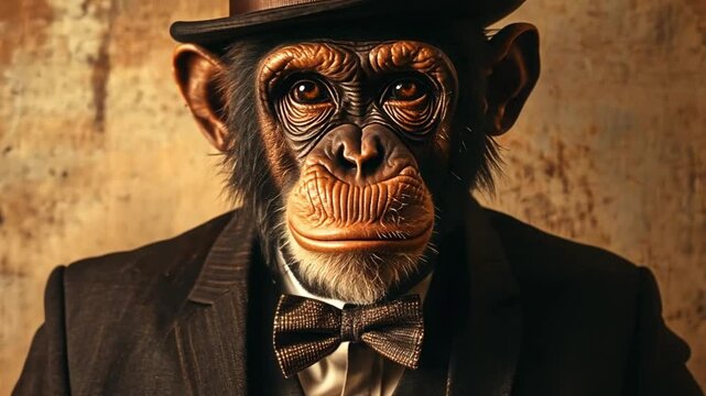 Elegant monkey in vintage attire, wearing a top hat and bow tie against a grungy textured background, showcasing a whimsical and artistic portrait style