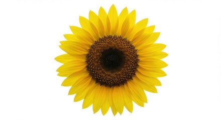 Fototapeta premium A realistic, detailed depiction of a single, vibrant sunflower with bright yellow petals and a dark center, set against a pure white background