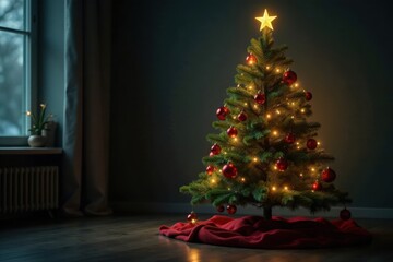 Evergreen Christmas tree with ornaments and lights in a darkened room, dimly lit, decorations