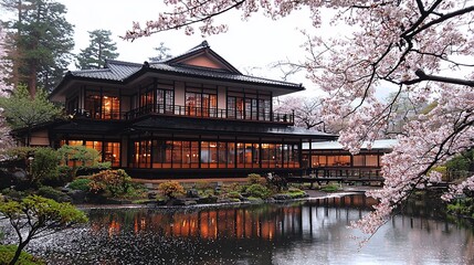 Fototapeta premium Traditional Japanese house reflected in pond, cherry blossoms.