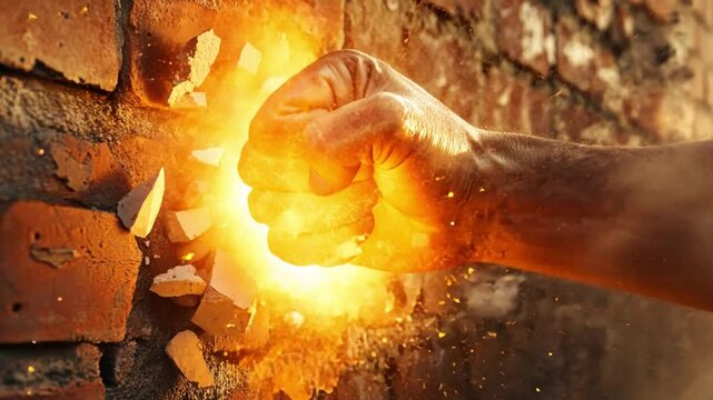 Powerful Punch Hitting Brick Wall with Dust and Debris, Showing Strength and Resilience in a Dynamic Action Moment of Determination and Force