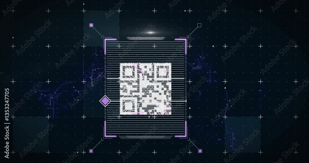 Poster qr code scanning animation with digital interface on grid background
