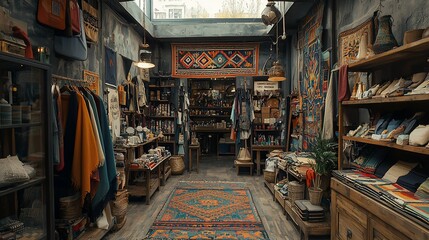 Cozy bohemian shop interior with textiles, clothing, and handcrafted goods.
