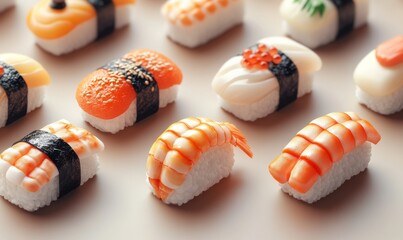 Isometric sushi nigiri with shrimp and soy sauce, Japanese fine dining, 3D icon set