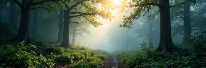 Foggy forest with sunlight filtering through, abstract, defocused, natural