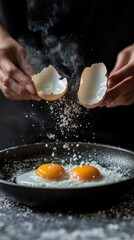 Hands break open eggs, releasing yolks into a sizzling skillet. Flour dust rises in the air, blending with steam, evoking excitement for a delicious breakfast preparation