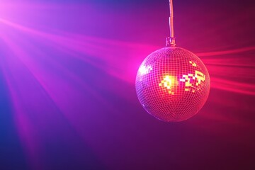 Fototapeta premium A shining disco ball hangs with beams of vibrant colored light