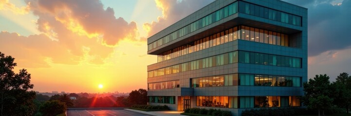 Modern office building at sunset with gold accents and dark teal windows , urban, corporate