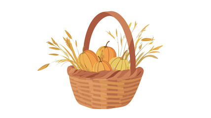 Digital illustration of a wicker basket filled with small pumpkins and gourds, accented with wheat stalks.  The style is painterly, reminiscent of watercolor, with soft, blended colors and visible