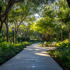 Tranquil Cobblestone Walkway Through Lush Greenery with Benches and Canopy Trees in Dappled Light