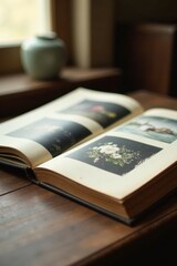 Naklejka premium Old wooden photo album with blank pages in a cozy room, journal, photo album