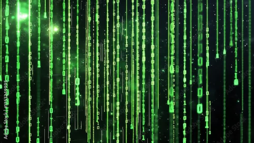 Poster abstract digital matrix background with falling green binary code and glowing particles for sci-fi a