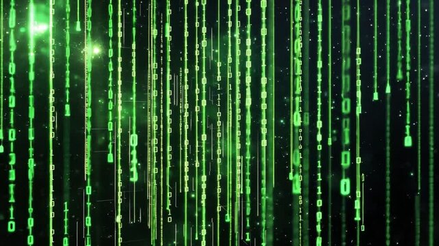 Abstract Digital Matrix Background with Falling Green Binary Code and Glowing Particles for Sci-Fi and Technology Themes in Graphics and Design