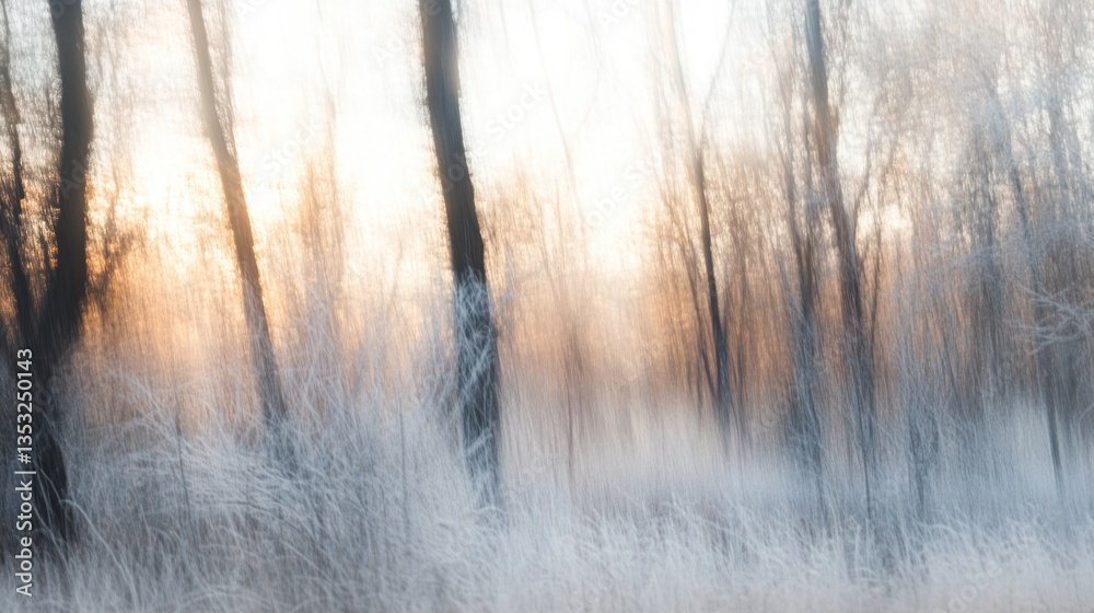Poster frosty winter sunrise in a forest with sunlit trees and grass covered in frost.