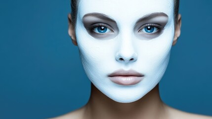 Woman with a white facial mask, intense gaze