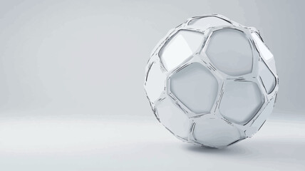 Naklejka premium A digital rendering of an abstract soccer ball. The ball is predominantly white with a subtle grey outlining the polygonal facets. The background is a plain, light grey, providing a high contrast