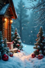 Obraz premium Snowy winter wonderland scene with Christmas decorations on wooden background, festive, wonderland, christmas